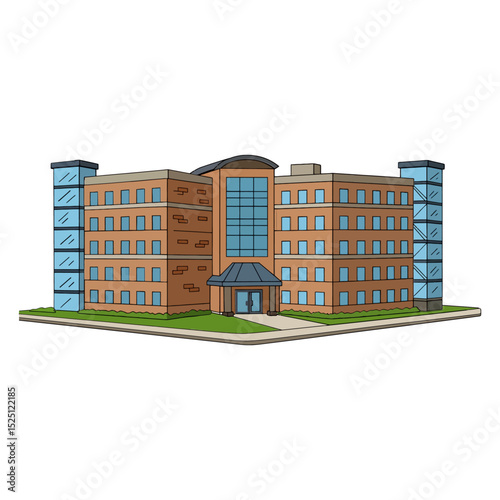 Vector Cartoon Modern Brick Office Building with Glass Towers