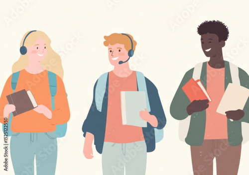 Three college students walking with books and smiles, education concept