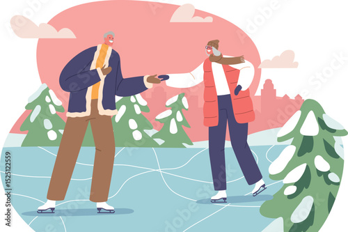 Elderly couple ice-skating in park