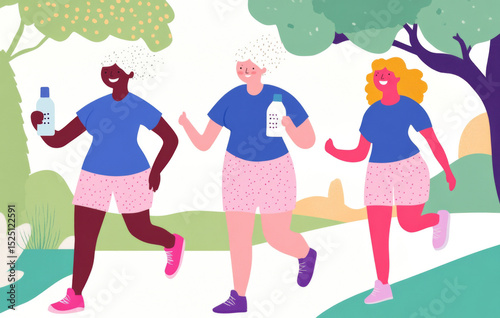 Three women in sportswear walking in park under trees, fitness concept