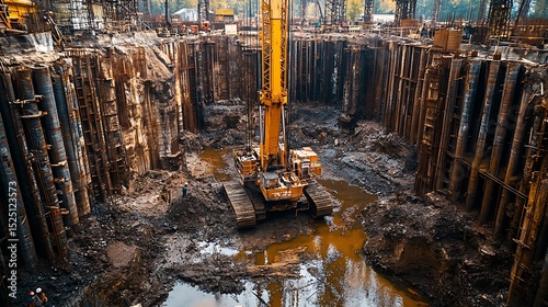 Construction site excavation pit with heavy machinery