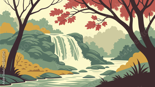 Serene Waterfall Landscape Illustration Tranquil Nature Scenery Vector Art