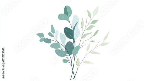 Teal & sage leafy vector bouquet, delicate and airy on white background
