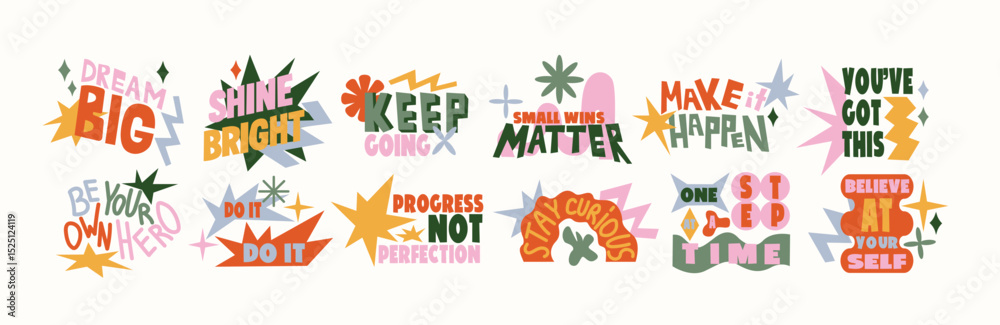Fototapeta premium Motivational typography sticker set in retro cartoon style. Inspiring phrases: dream big, be your own hero, progress not perfection, keep going. Colorful affirmations. Funky doodle shapes