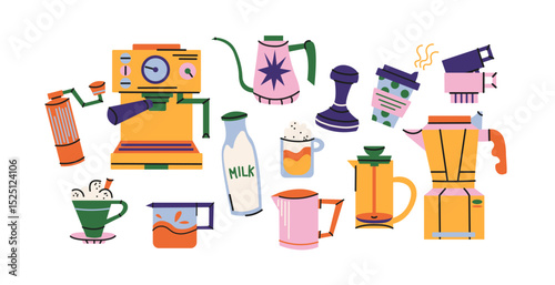 Coffee stickers set. Coffee makers, kettles, brewing, arabica coffee, glass,espresso,cappuccino, beans.Graphic doodle minimalist retro dishes.Coffee shop patches
