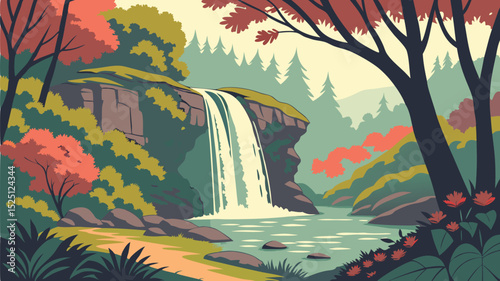 Serene Waterfall Landscape Illustration Tranquil Nature Scenery Vector Art