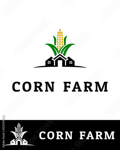 Creative corn farm logo featuring stylized corn stalk, green leaves, and farmhouse elements