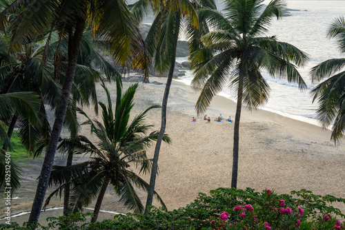 Fototapeta Naklejka Na Ścianę i Meble -  Group of people practicing yoga on a tropical beach surrounded by palm trees at sunrise in Kerala, India