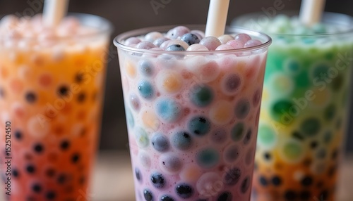A close-up of vibrant bubble tea containing tapioca pearls