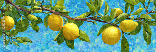 Vibrant yellow lemons hanging on a branch against a bright blue mosaic background