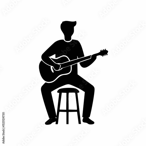 Silhouette of a musician playing acoustic guitar while sitting on a stool, black and white