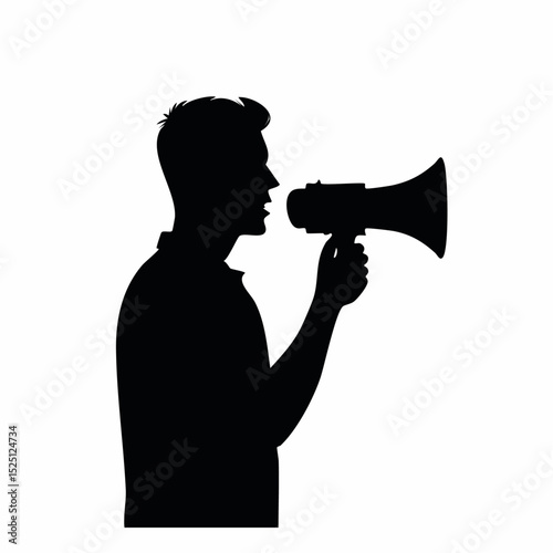 Silhouette of a Man Speaking into a Megaphone on a Plain White Background