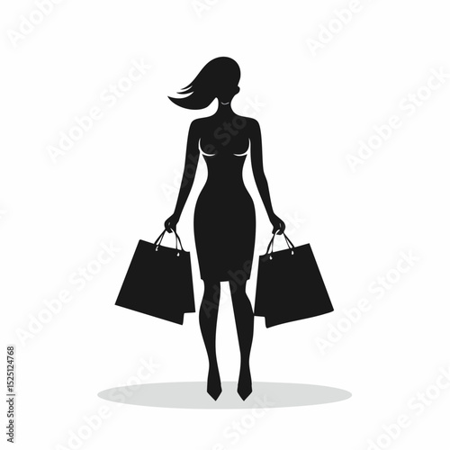 Silhouette of a stylish woman holding shopping bags on a white background vector
