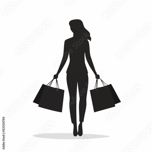 Silhouette of a woman carrying shopping bags, isolated on a white background.