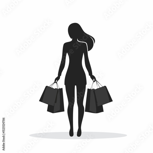 Silhouette of a woman holding shopping bags isolated on a white background