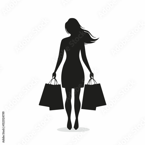 Silhouette of a woman holding shopping bags, isolated on a white background