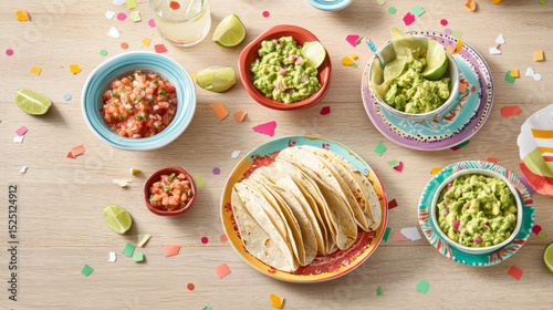 Cinco de Mayo tacos presented with traditional Mexican garnishes, background