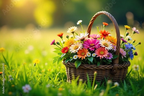 A rustic basket overflowing with wildflowers, vibrant and colorful, sits amongst tall grasses in a sun-drenched meadow Perfect for spring, summer, or floral themes , arrangement, wildflowers