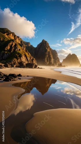 Seascape with jagged cliffs, sandy beach, and reflected sky creates a tranquil coastal scenery