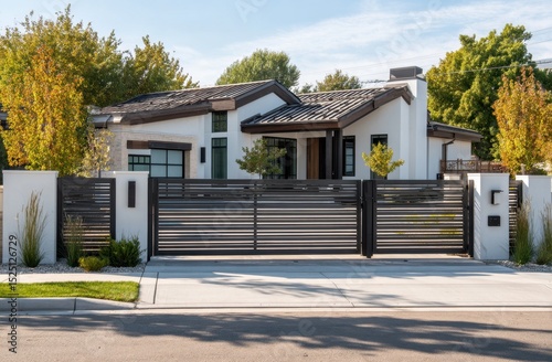 Modern house with metal fence in suburbia