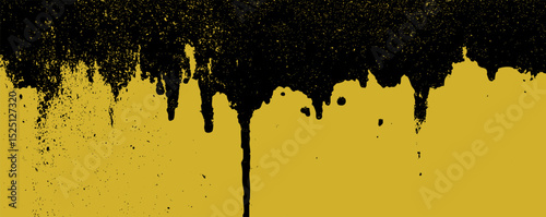 Bold black and yellow abstract paint drips create a striking contrast in modern design