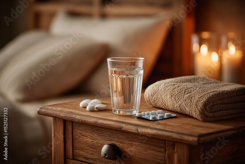 Glass of water and pills resting on wooden nightstand in cozy bedroom