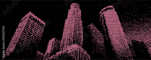 Tall skyscrapers rise prominently against a dark sky, bathed in pink light. The contrast highlights the architectural details. Bitmap overlay bg with pixel effect.