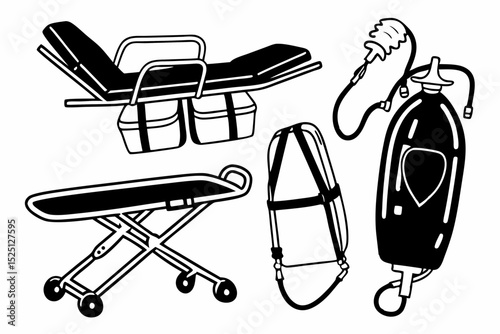 Medical equipment icons set, stretcher, oxygen tank, backpack