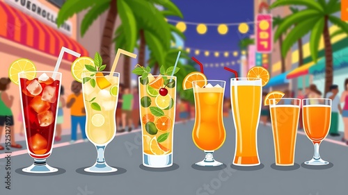Assorted tropical cocktails on a festive street