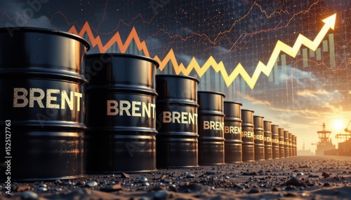 imagine a striking and thought provoking art piece that captures the essence of a world in turmoil, in this artwork, a row of sleek black oil barrels, each named brent