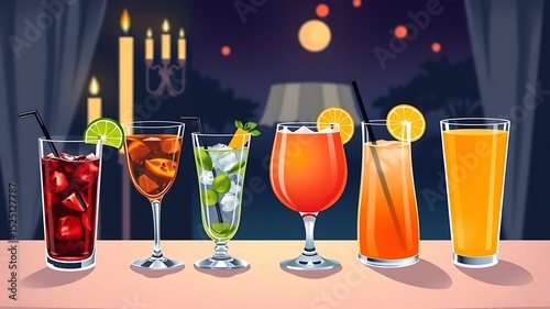 Five exquisite cocktails at night romantic setting