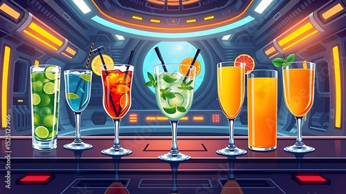 Futuristic cocktail bar scene with assorted drinks