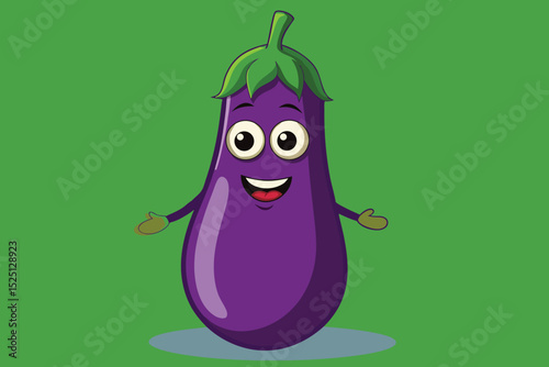 A cute, funny cartoon eggplant character with a happy face, isolated on a white background, makes a healthy and fun fruit illustration