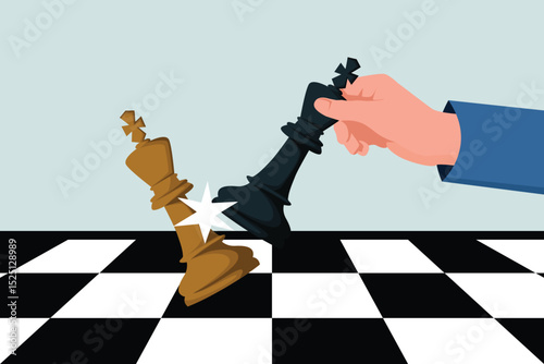 Hand holding black king chess piece. Business strategy. Planning and management concept.