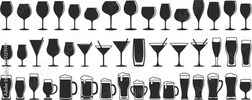 Silhouette Icons of Various Drink Glasses: Wine, Cocktail, and Beer Glasses for Beverage Design