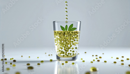 A glass filled with liquid and green seeds with a cannabis leaf and falling liquid drops above it photo