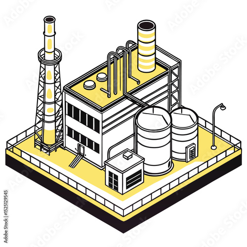 Isometric Aerial Night Scene of Oil Refinery with Yellow Lit Pipelines – Vector Design, Adobe Illustrator Artwork