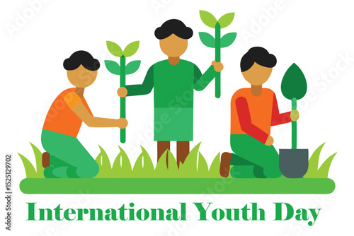 Teenagers Tree Planting in Rural Fields – International Youth Day Vector Illustration.