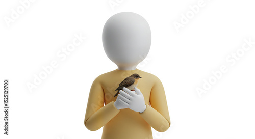 Mannequin holding bird illustration render with black background for stock image and design asset use on a transparent background