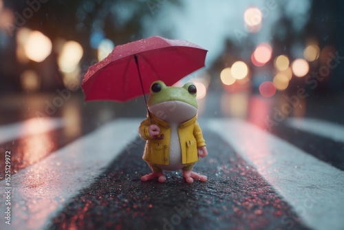 Cute cartoon frog in a yellow raincoat holding a red umbrella, standing on a wet crosswalk in a city at night. Evokes whimsy, weather, and imaginative children’s storytelling.