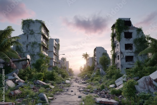 Crumbling buildings and streets overtaken by nature in an abandoned urban area at sunrise. Suggests post-apocalyptic themes, urban decay, and the resilience of nature over time.