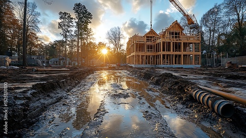 Construction site house sunset wooden frame