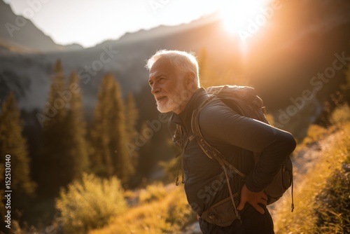 Elderly man with a backpack hiking through a mountainous forest at sunset, bathed in warm light. Represents active aging, adventure, and connection with nature.