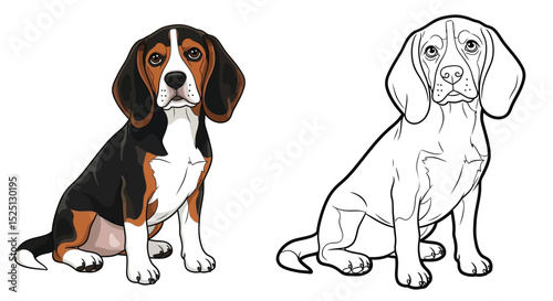 Beagle Coloring Page Featuring Detailed Full Color and Clean Outline for Artistic Play
