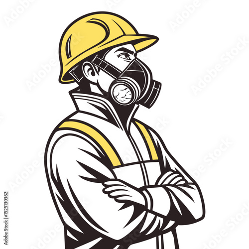 Refinery Worker with Gas Mask and Yellow Helmet – Safety Focused Vector Art - Adobe Illustrator Artwork