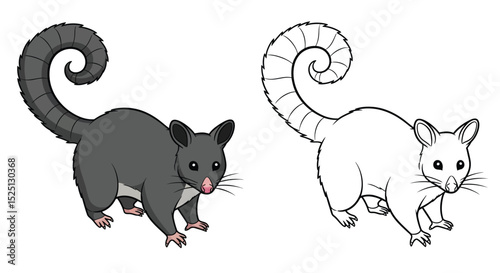 Brush Tail Possum Coloring Page Featuring Detailed Full Color and Clean Outline Version