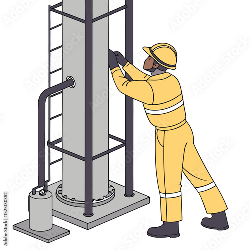 Worker in Yellow Safety Uniform Inspecting Equipment – Industrial Vector Scene