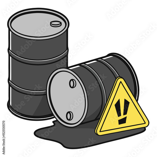 Oil Barrels with Yellow Hazard Sign and Crude Oil Spill – Industrial Vector Illustration - Adobe Illustrator Artwork