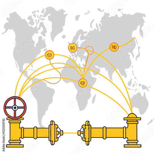 nteractive-Style Global Oil Pipeline Map with Yellow Highlights – Vector Graphic - Adobe Illustrator Artwork