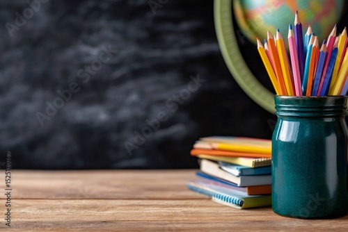 Back to school concept with colored pencils, notebooks and globe on teacher's desk in front of blackboard